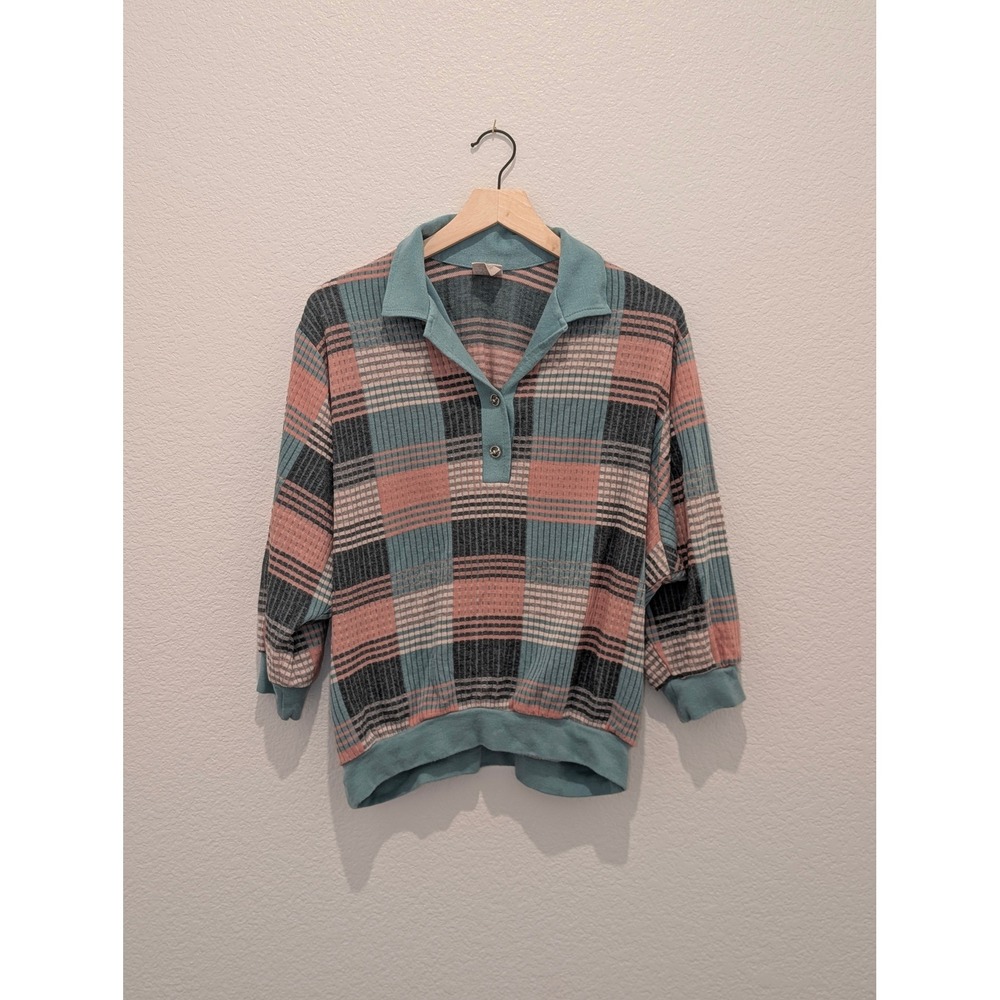 Vintage Graff Californiawear Plaid Knit Polo Pullover Teal Pink Grey XL
